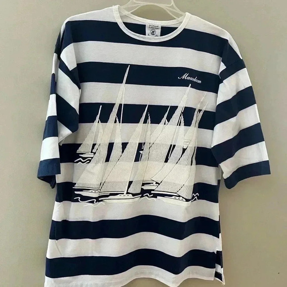 [L]Holland America Blue /White Sail Boat  Pattern 1/2 S/S 100 Cotton Shirt - Picture 1 of 9